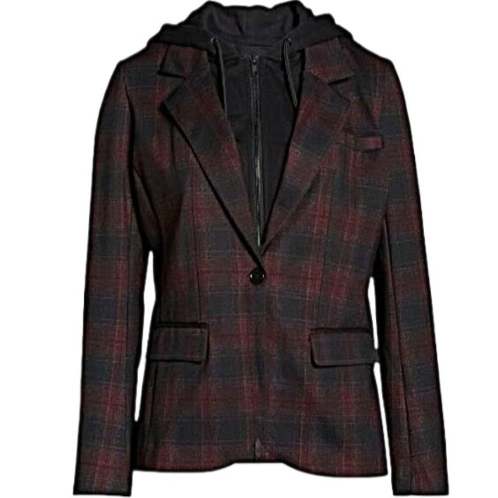 Liverpool LA Burgundy Plaid Boyfriend Blazer Size S with Removable Hoodie